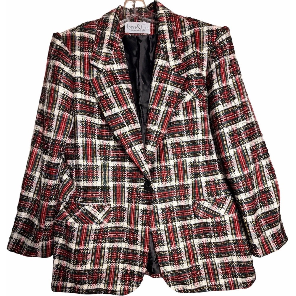 Lynn & Co Plaid Tweed Blazer Jacket Womens‎ M Preppy Holiday Academia Y2K Career